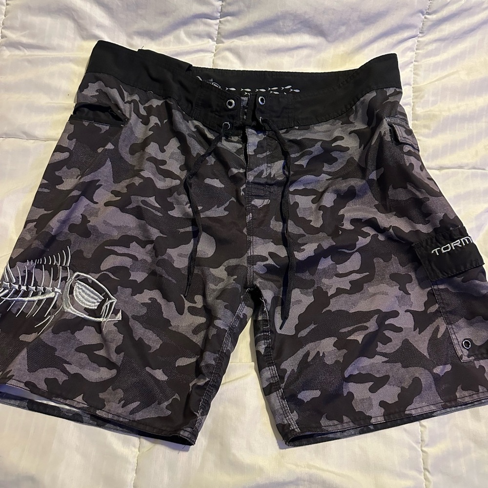 Tormentor men’s swim shorts. Black/grey camo. Size 42 waist.